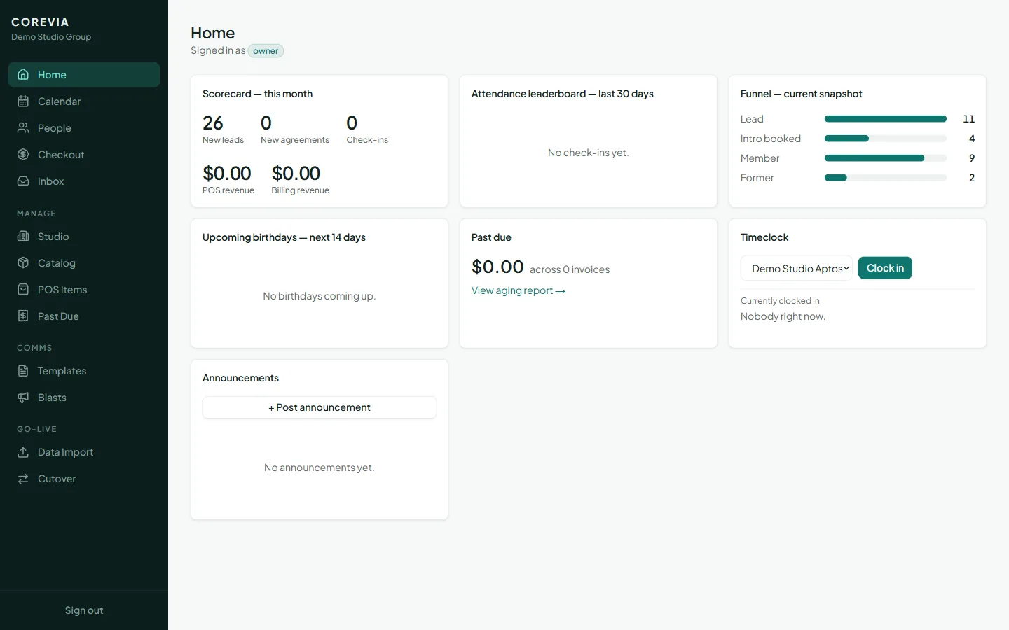 Corevia owner dashboard: monthly scorecard, lifecycle funnel, attendance leaderboard, past-due and timeclock widgets