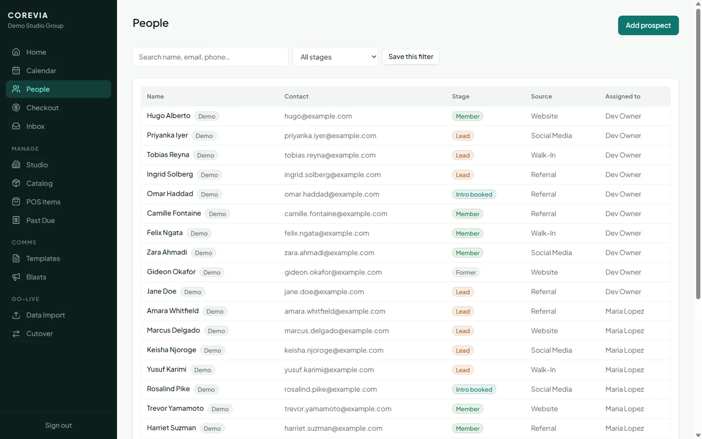 Corevia people directory with lifecycle stages, sources and assignments