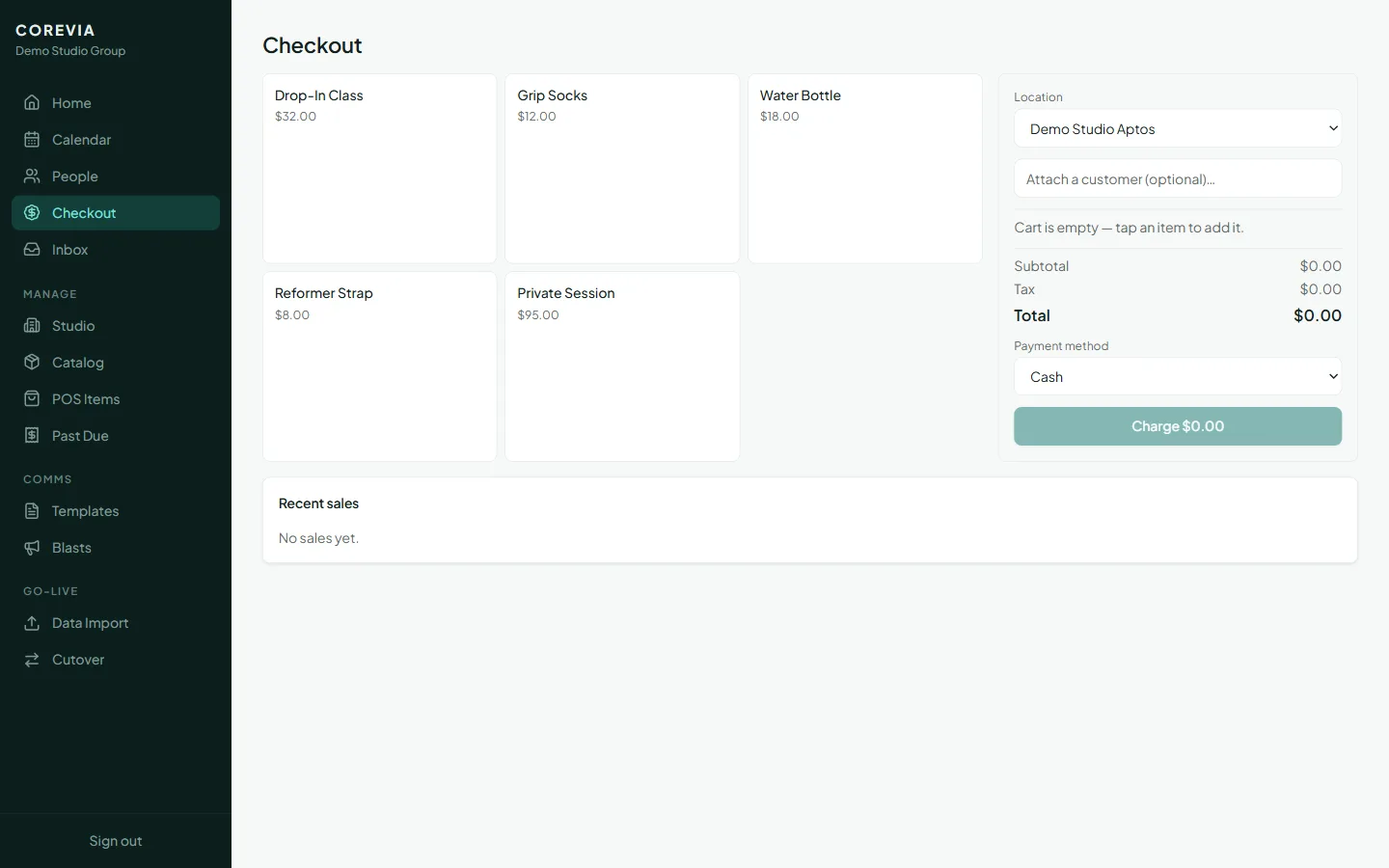 Corevia checkout with quick-pad items, cart and payment methods
