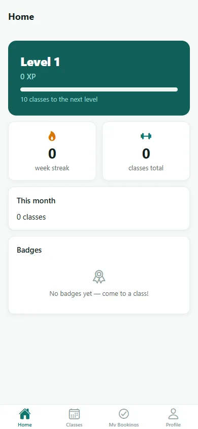 Corevia member app home: level, XP progress, week streak and badges